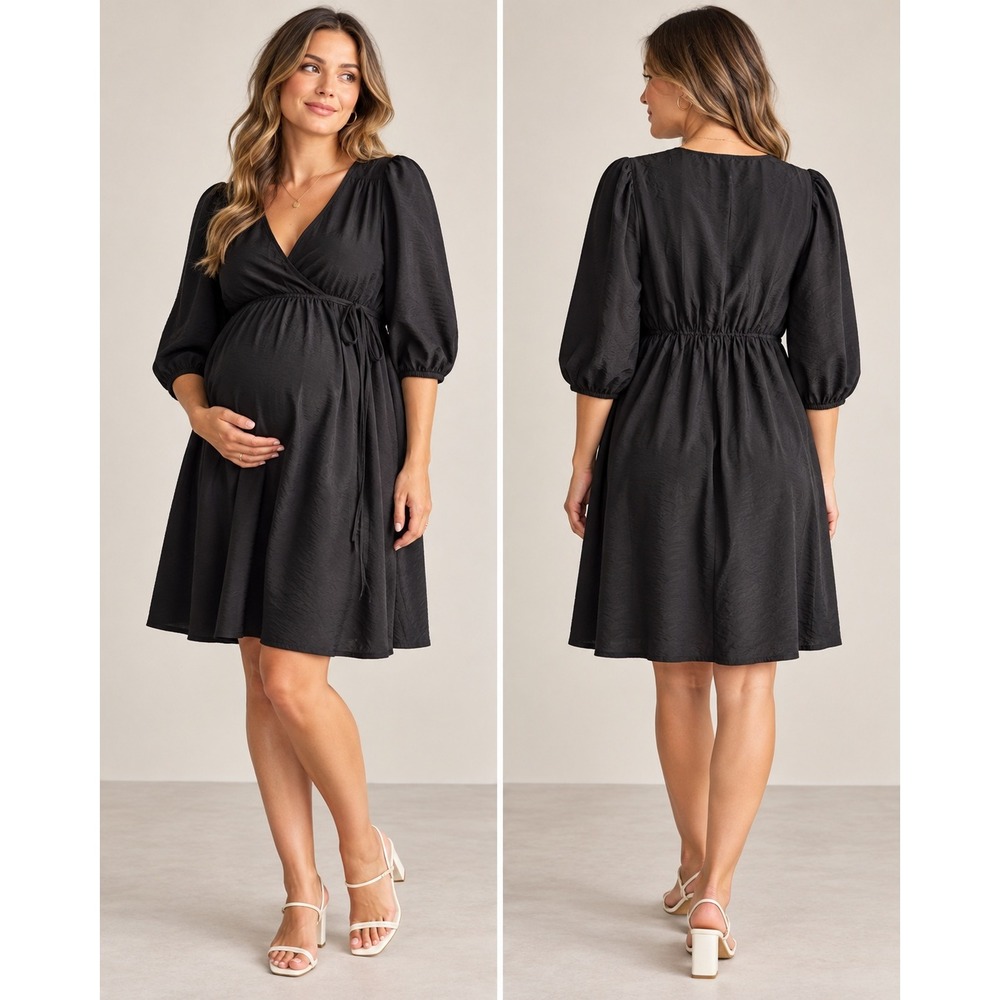 H&M Mama Maternity Wrap Dress Women L Black Crinkle Puff Sleeve Excellent